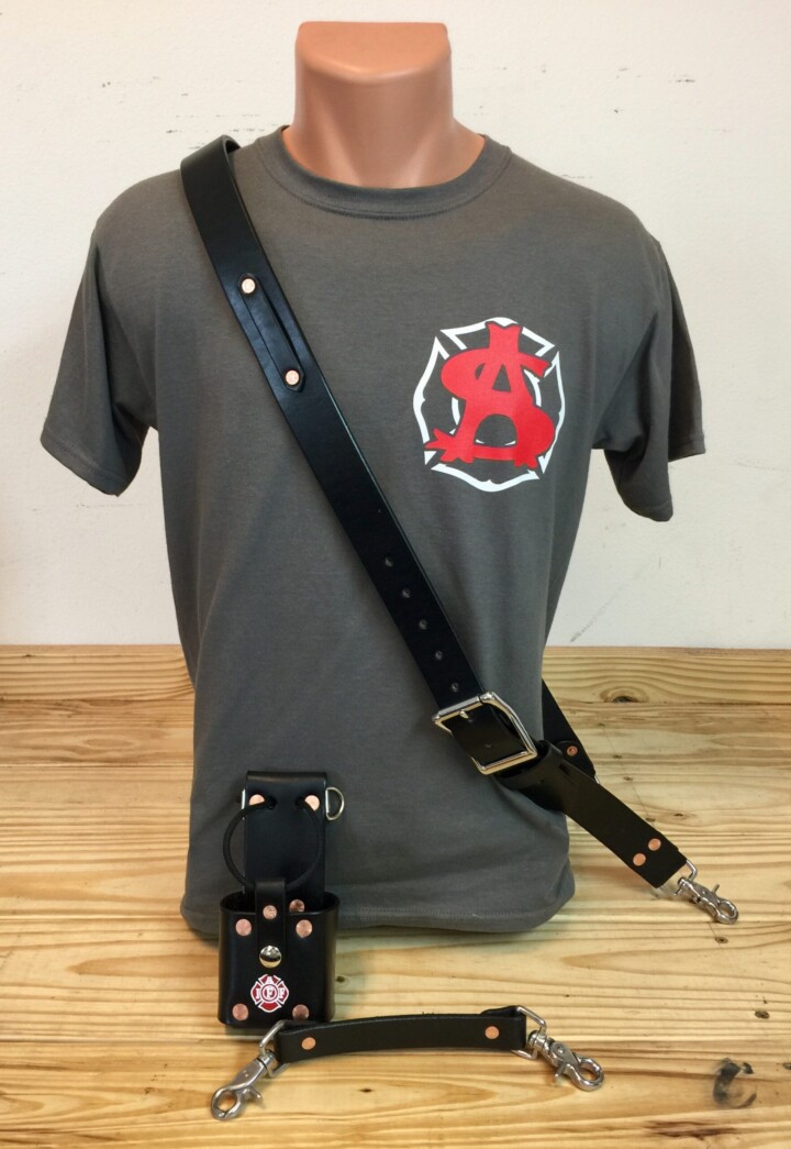 T-shirt with strap and accessory display.