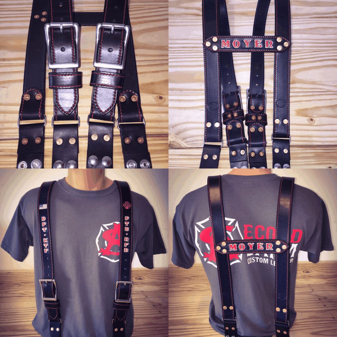 Leather suspenders displayed on wooden background.