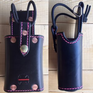 Black leather tool holster with pink stitching.